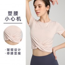 スポーツヨガカバーアップ、サマーヨガウェアトップス、ランニング速乾半袖Tシャツ、女性用ファッショナブルなフィットネスウェア